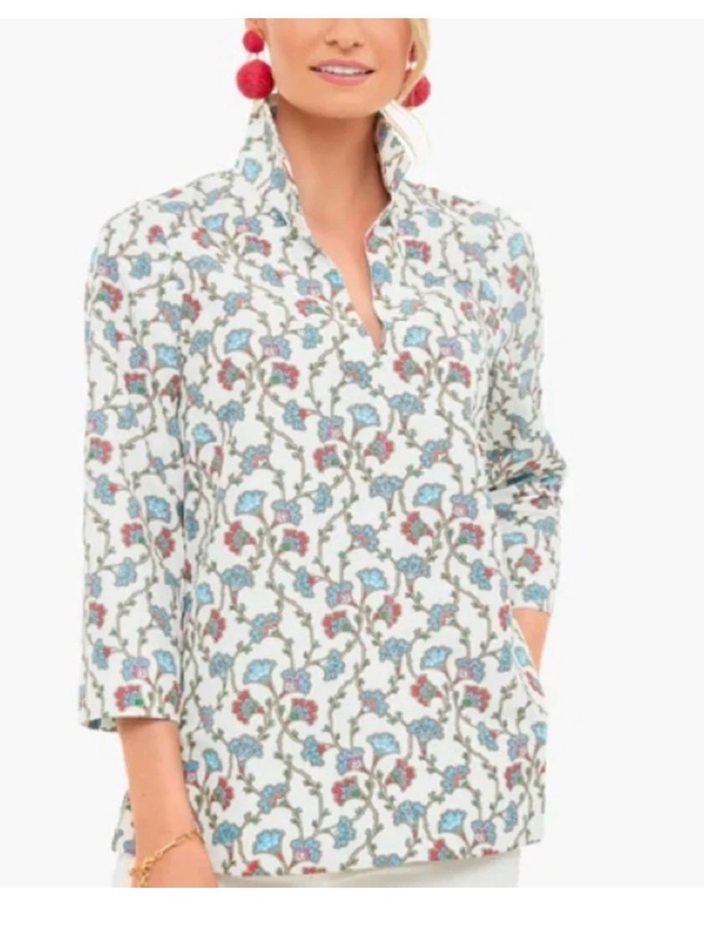 Tuckernuck Cream Floral Split-Front Tunic with Blue and Pink Motif
